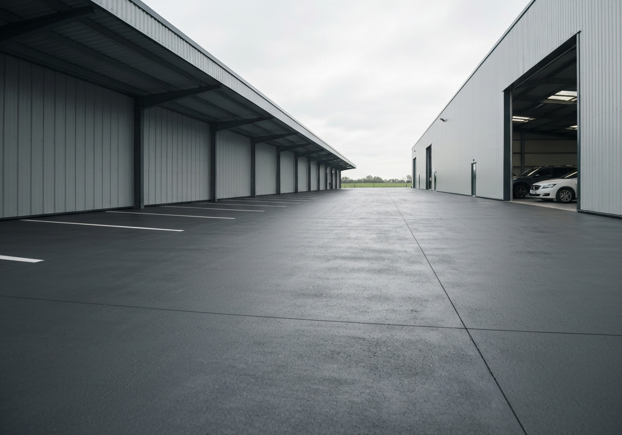 Detached pole-building shop floor with side-by-side parked