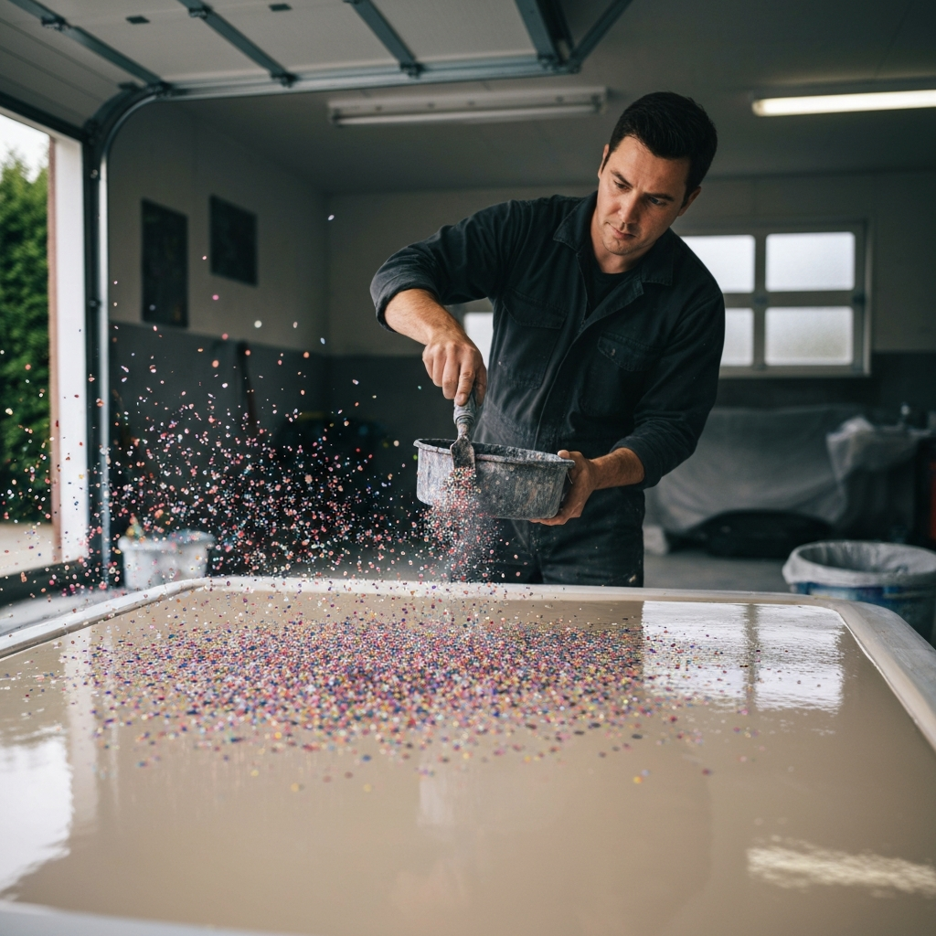 Technician hand-broadcasting multicolor vinyl flakes over a wet base coat