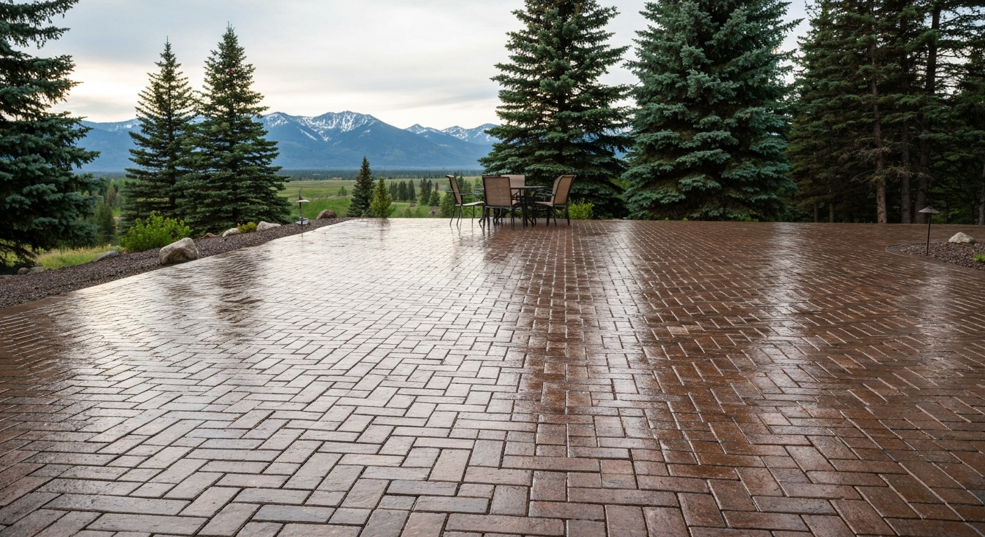 Photorealistic richly sealed herringbone paver patio with a wet-look sheen, outdoor furniture set back, Montana evergreens and mountains behind