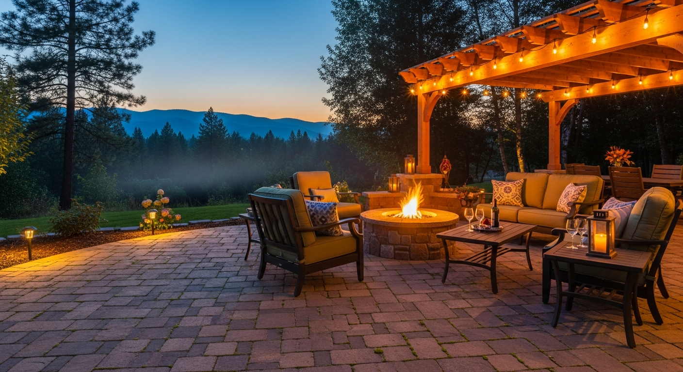 Flathead Valley backyard paver patio at dusk