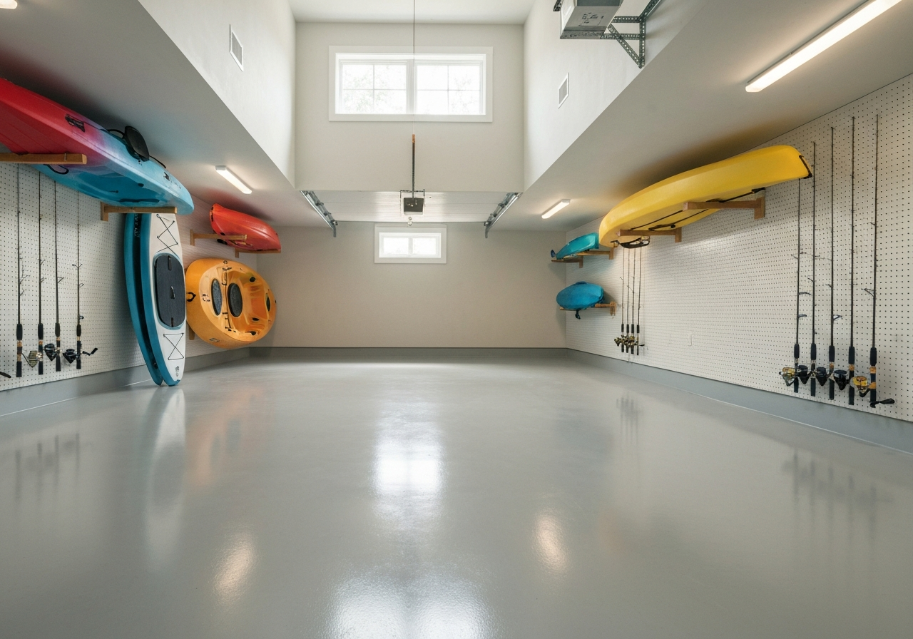 Under-home garage with fresh flake floor and lake gear