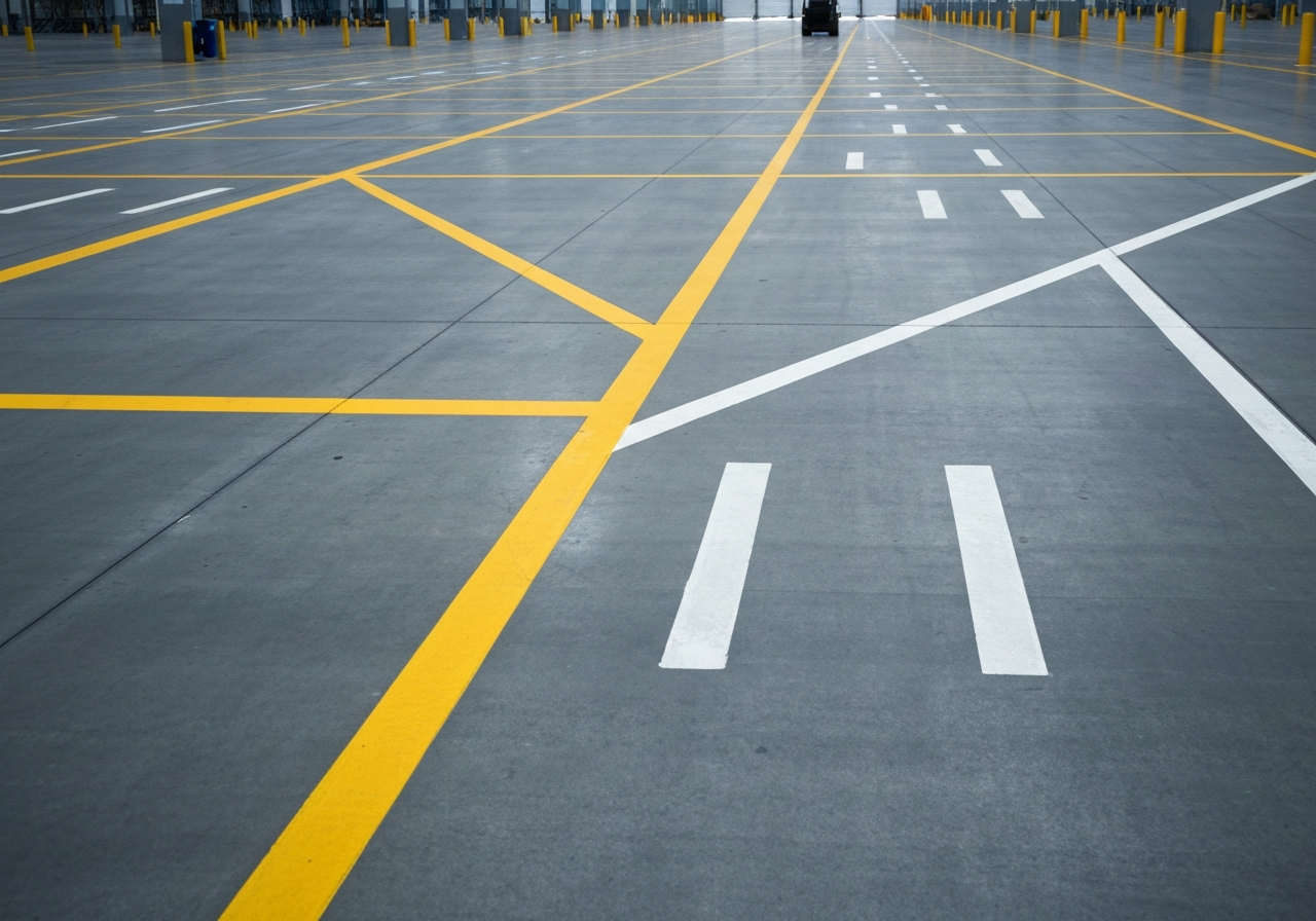 Warehouse aisle with coated floor, rack storage visible