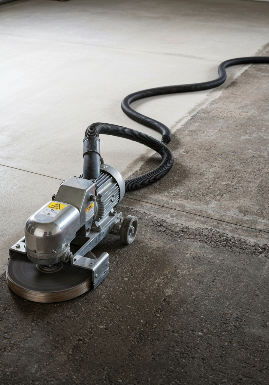 Dust-controlled diamond grinding machine mid-pass on a bare garage slab
