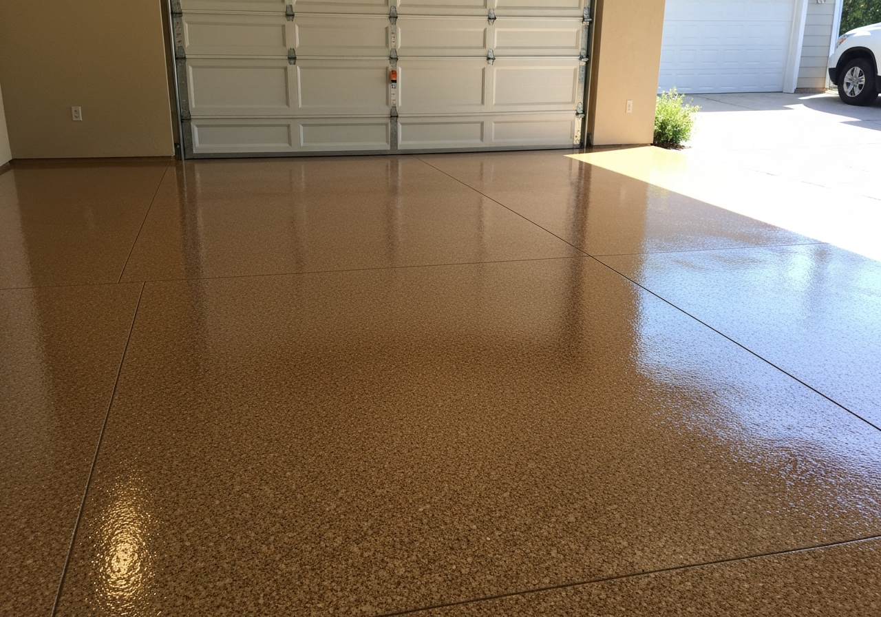 Finished tan-and-brown flake garage floor with a clean glossy seal, residential garage