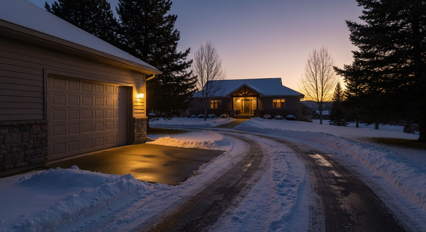 Dusk view of a Montana home with warm garage light over a coated floor, snow-dusted driveway