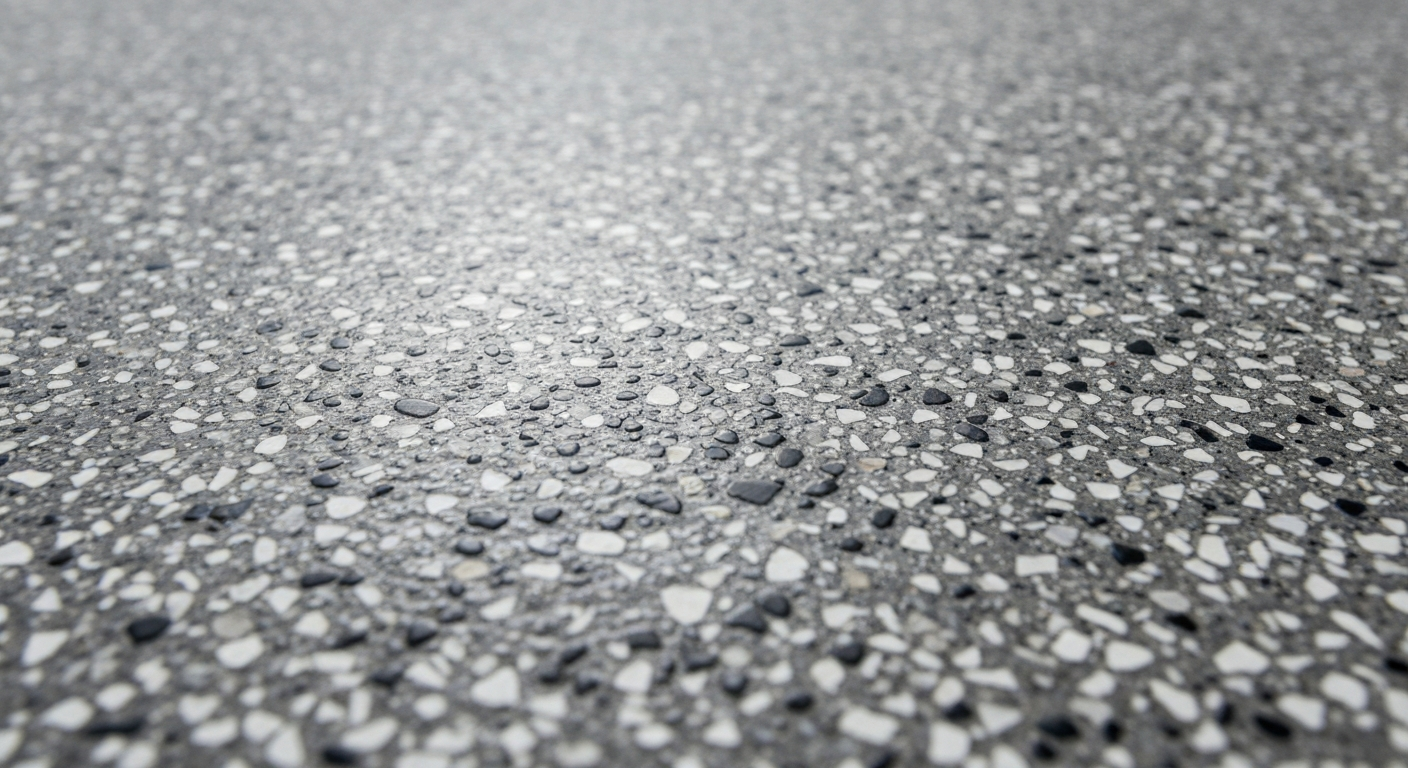 Tight macro close-up of a gray/black/white full-broadcast flake floor texture under glossy clear topcoat