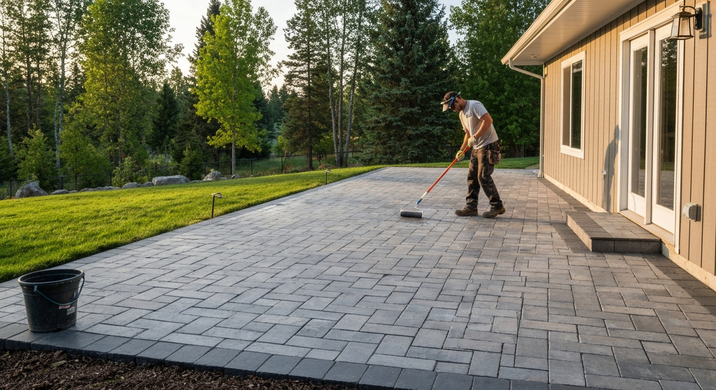 Technician sealing a backyard paver patio, Flathead Valley home