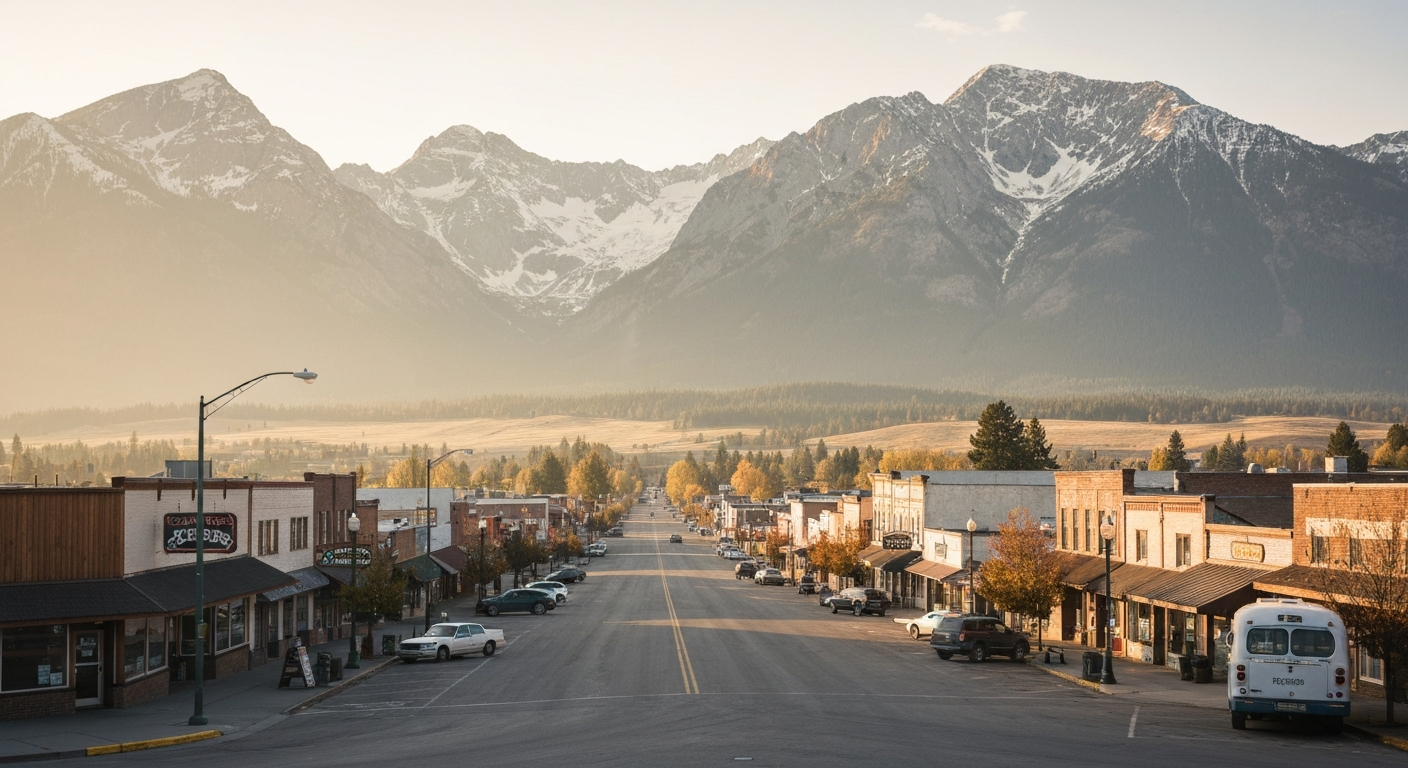 Wide Flathead Valley vista with a small-town main street below mountains