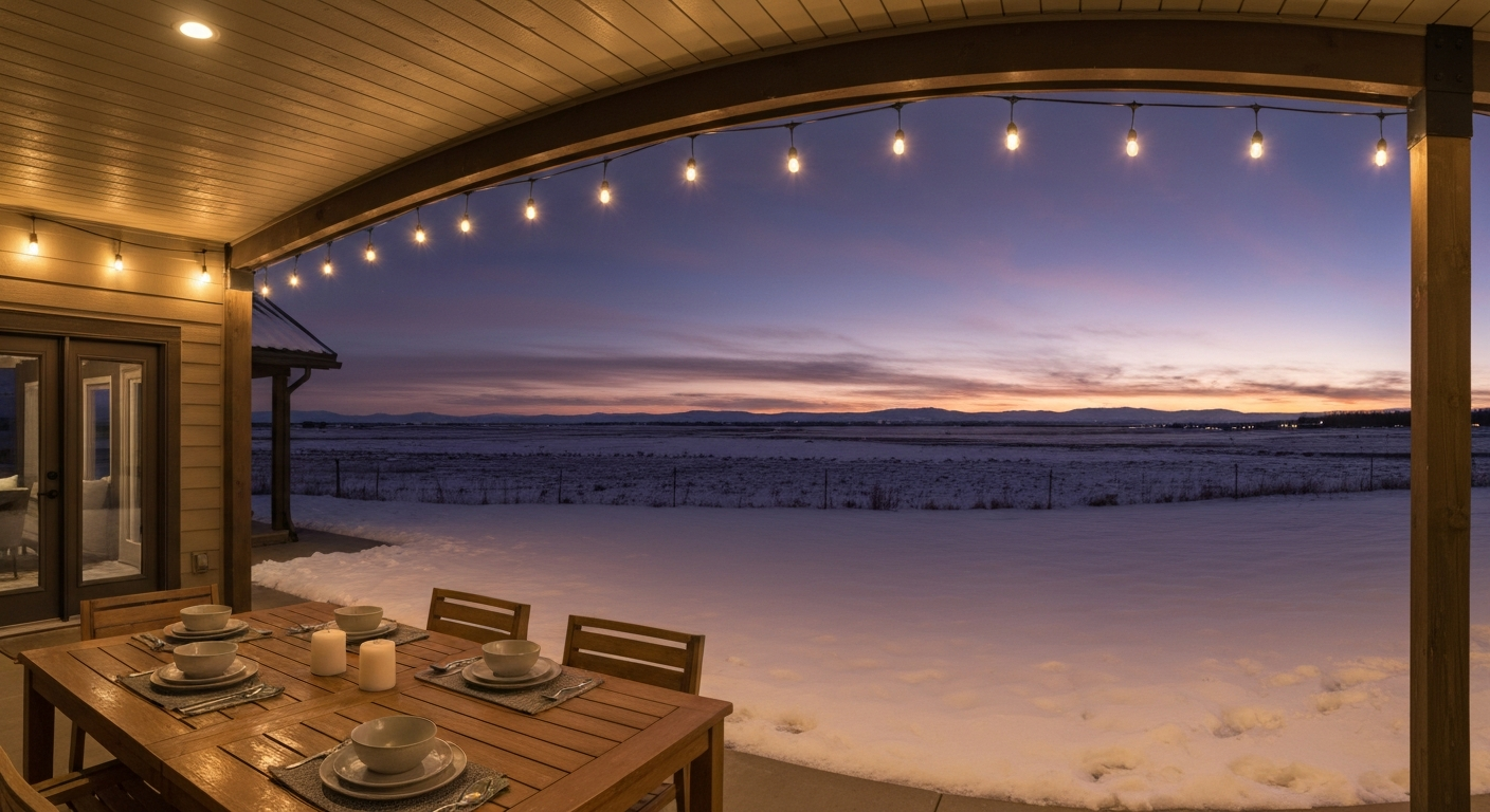 Evening covered patio with string-light glow on a freshly flake-coated floor, table set for dinner