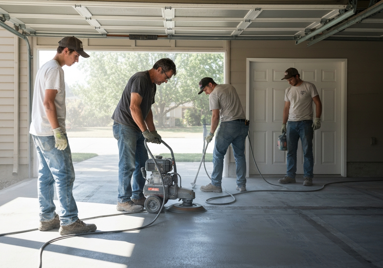 Crew using diamond grinder on a Polson-area garage slab