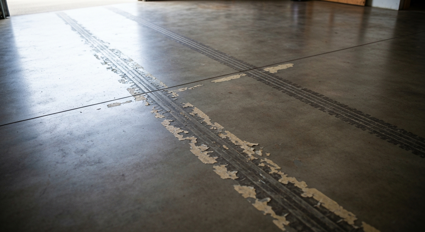 A worn coated garage floor showing peeling and hot-tire lift near the tire path, residential Montana garage