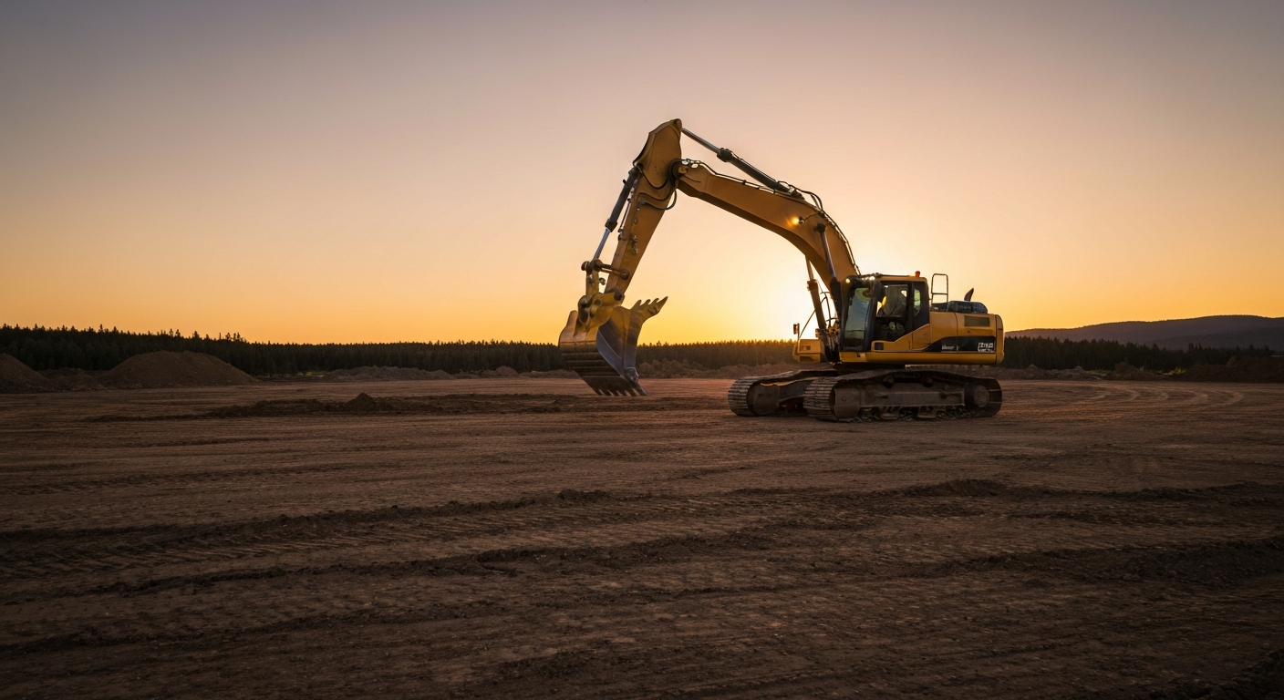 Photorealistic excavator on a graded Flathead dirt lot at dusk, sunset lighting