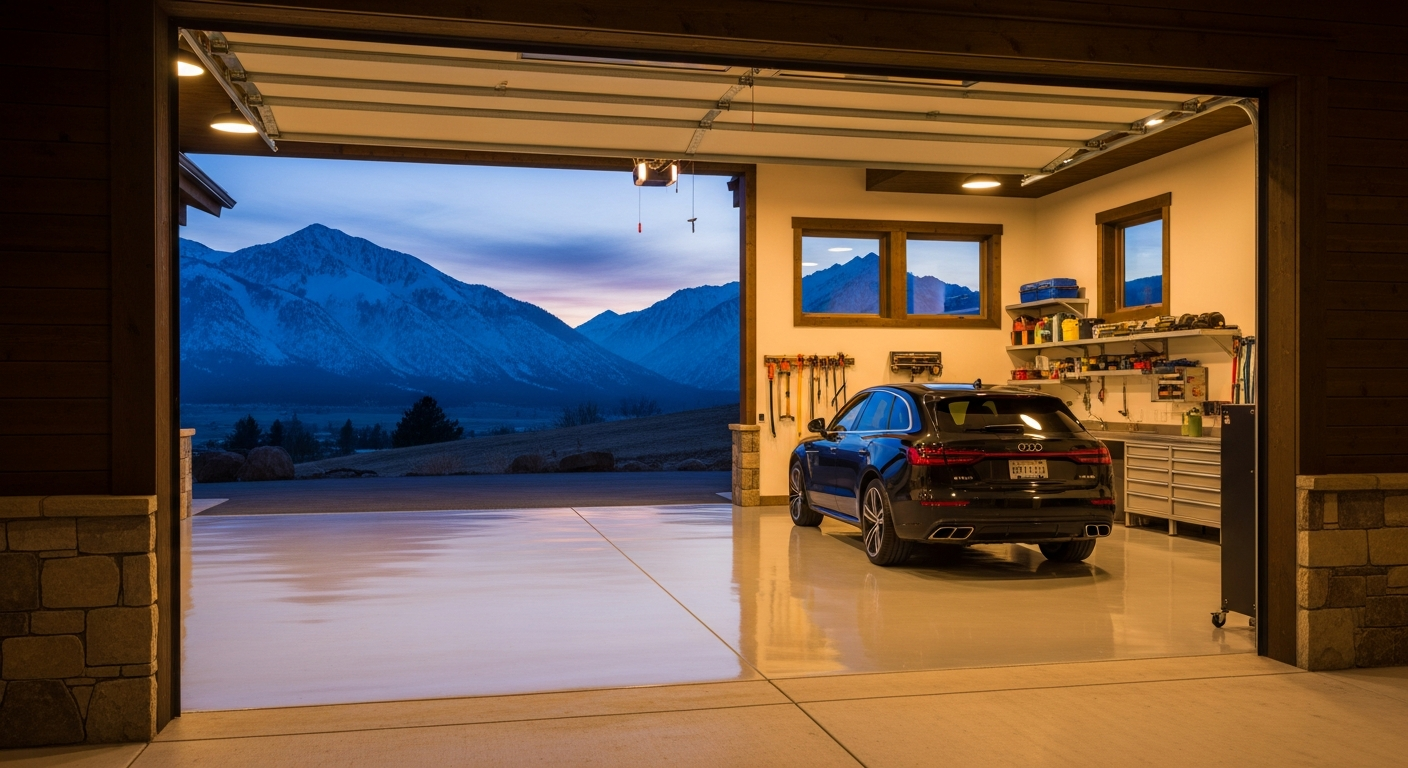 Dusk shot of an upscale Montana garage, bay door open, warm interior light reflecting off a pale-gray high-gloss polyaspartic floor, snowy mountains beyond