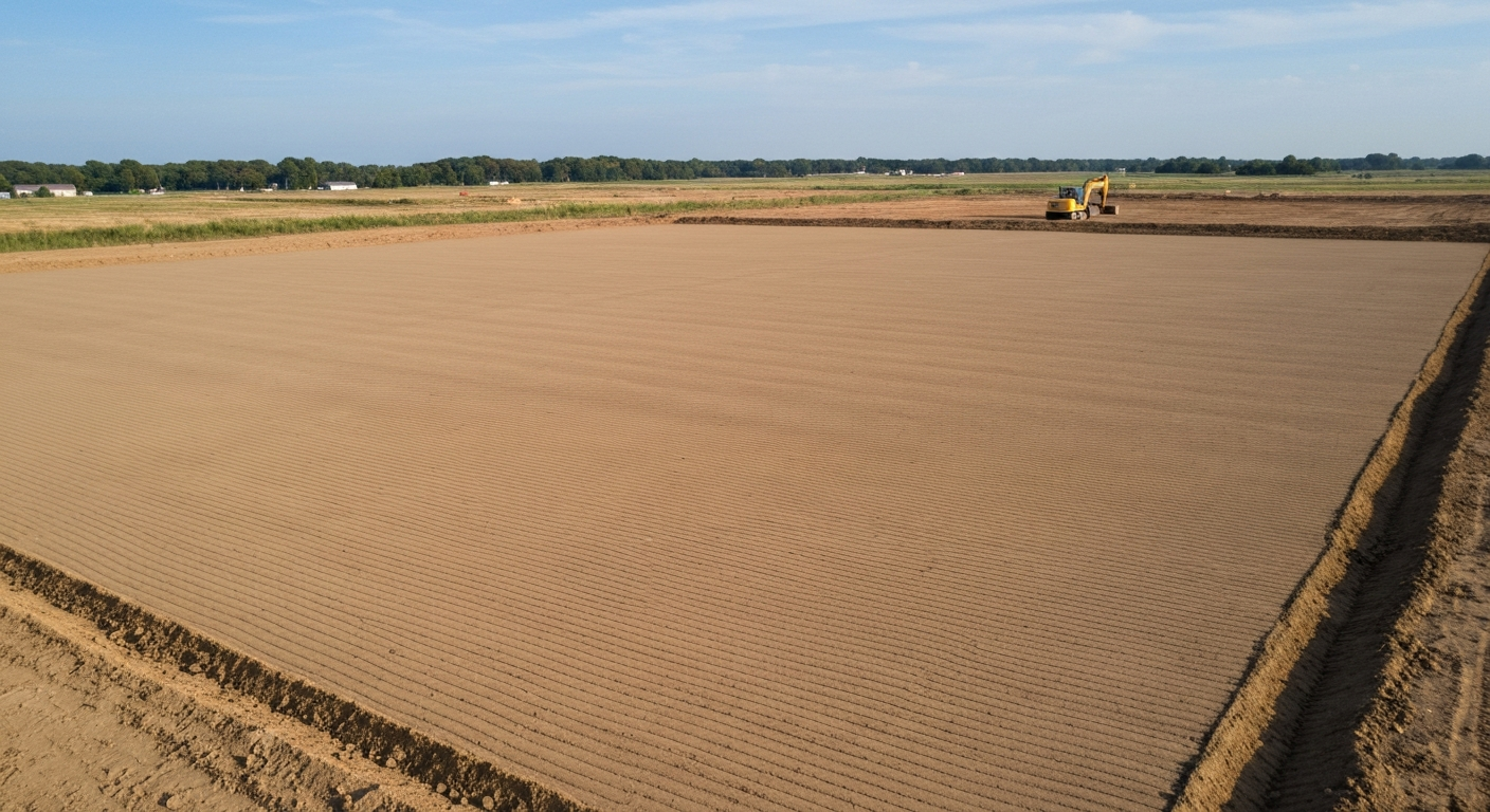Photorealistic laser-level finish grading on a building dirt lot