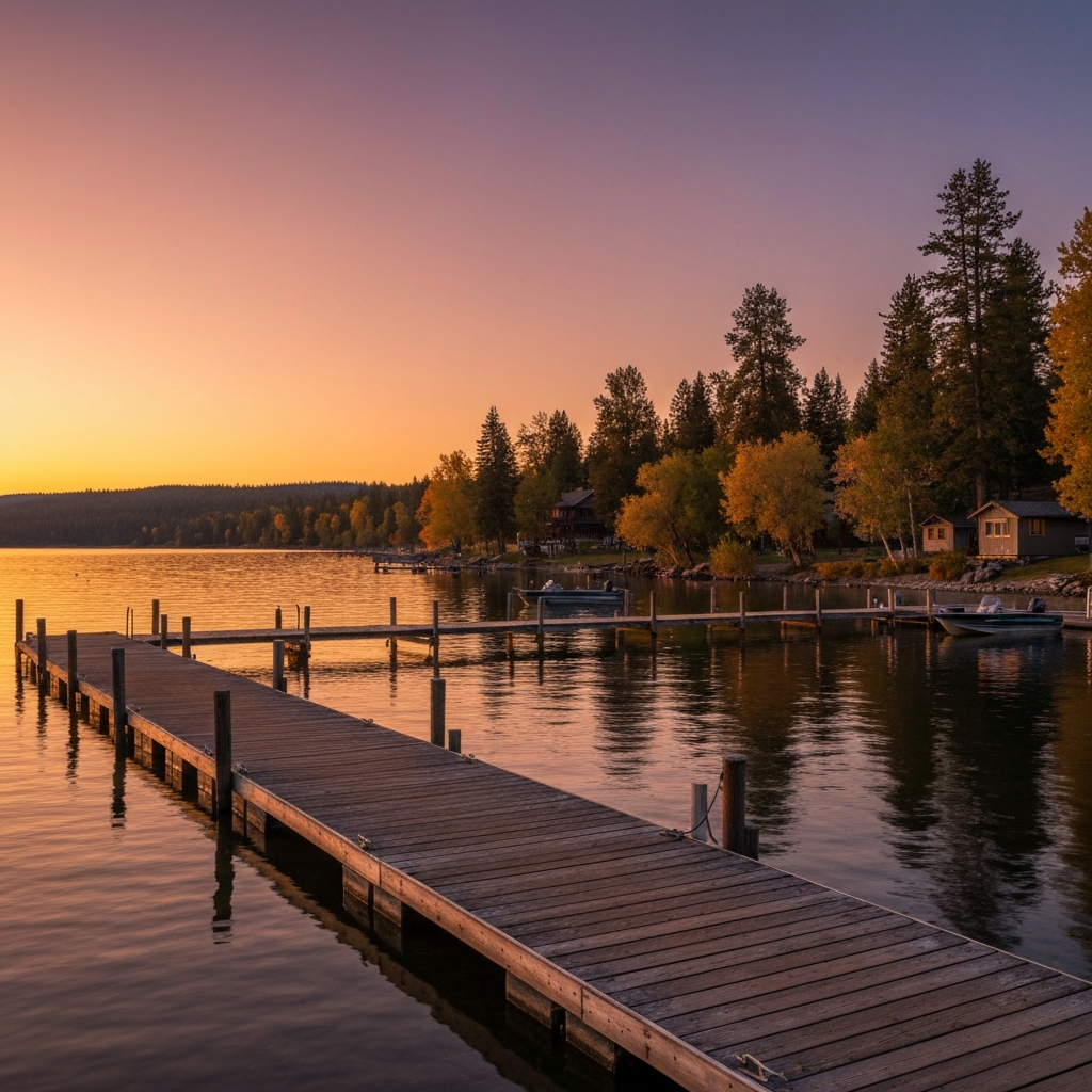 Flathead Lake north-shore at golden hour, Somers dock area