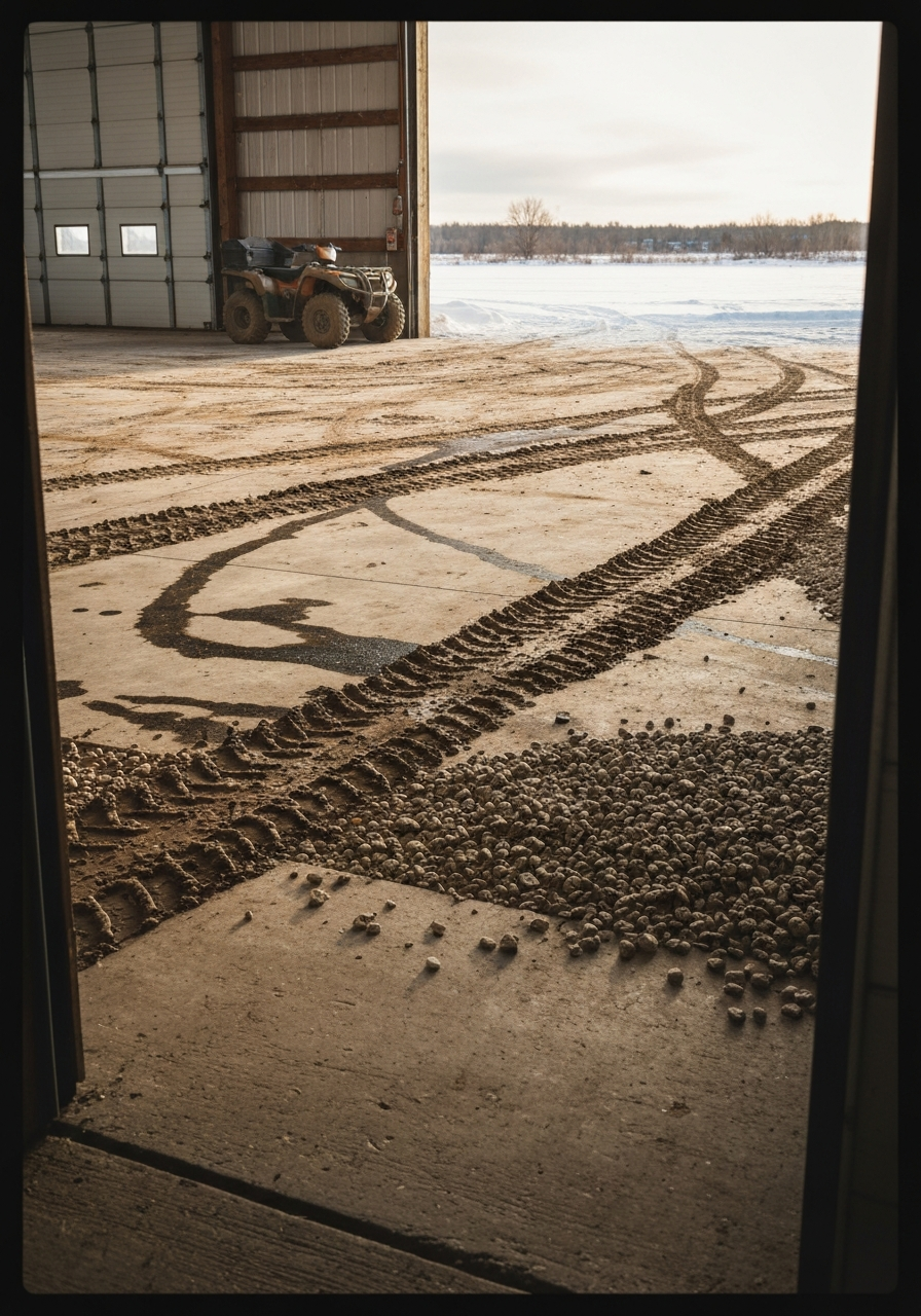 Worn bare concrete pole barn floor with dark oil stains and tire tracks