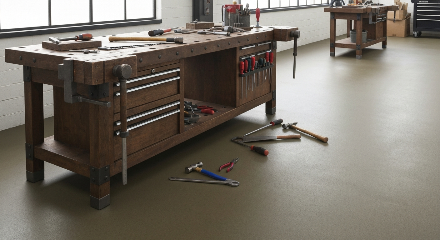 Coated shop floor with tools and workbench, durable satin finish
