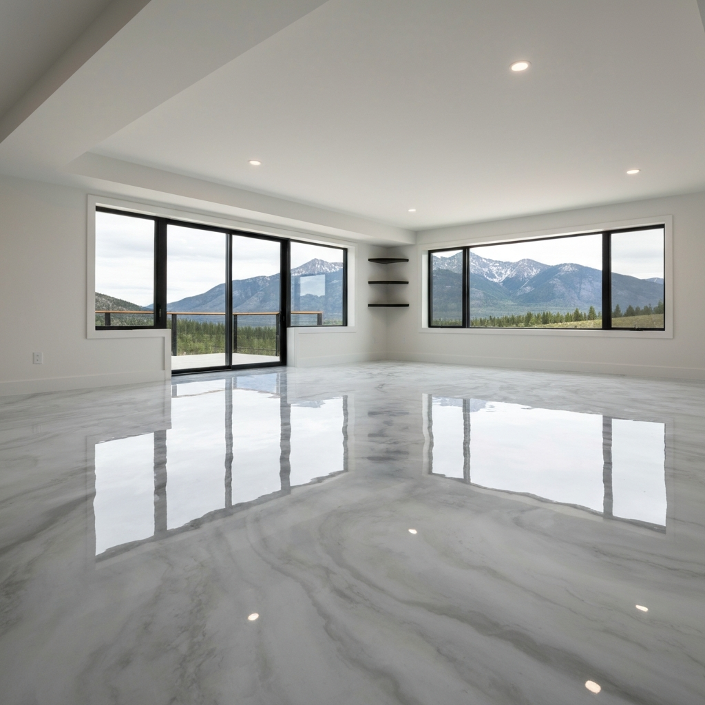 Bright finished walkout basement with a reflective white-and-gray metallic epoxy floor bouncing light from large windows