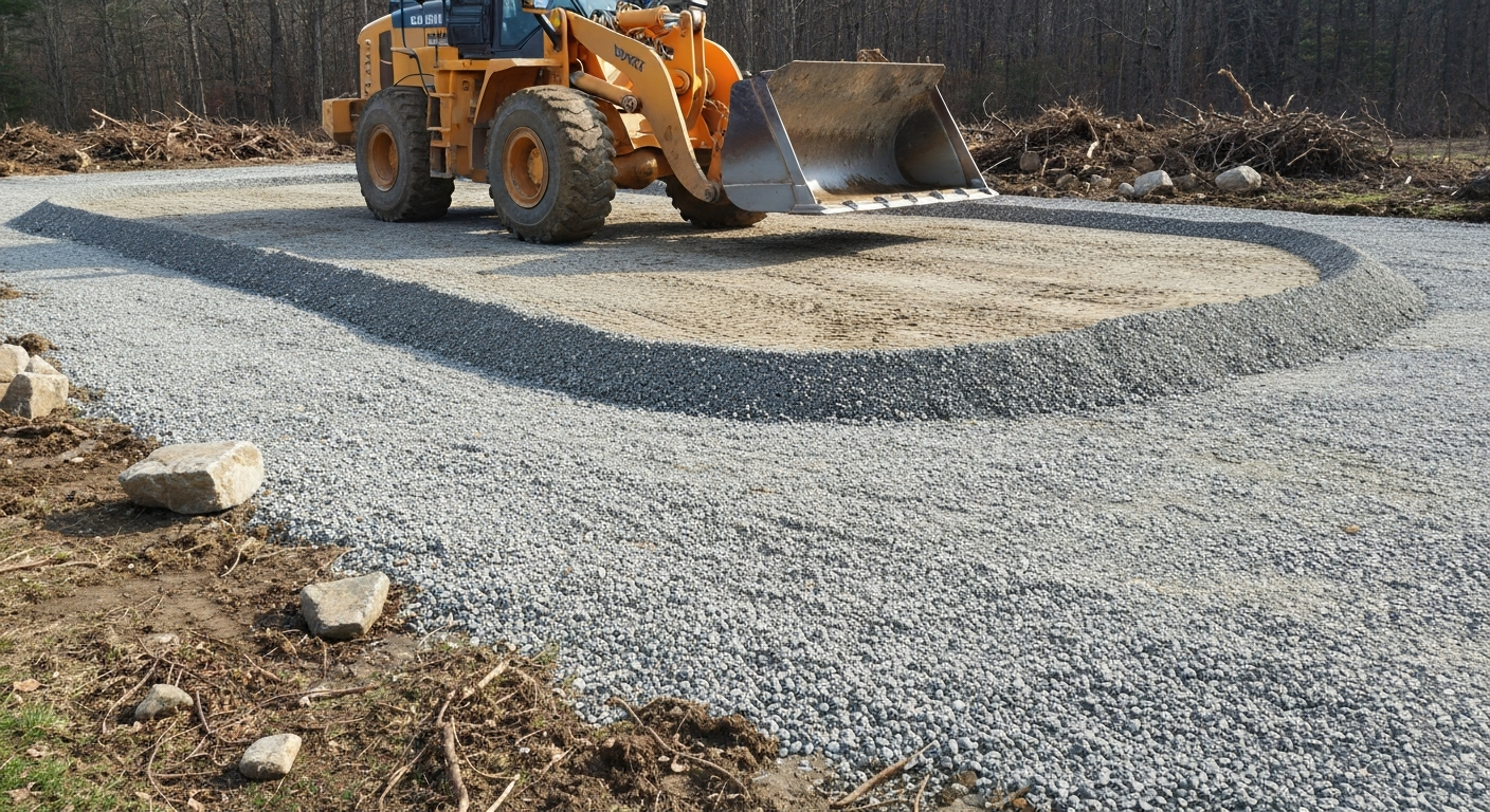 Rough-graded yard with debris cleared and gravel base shaped, equipment present