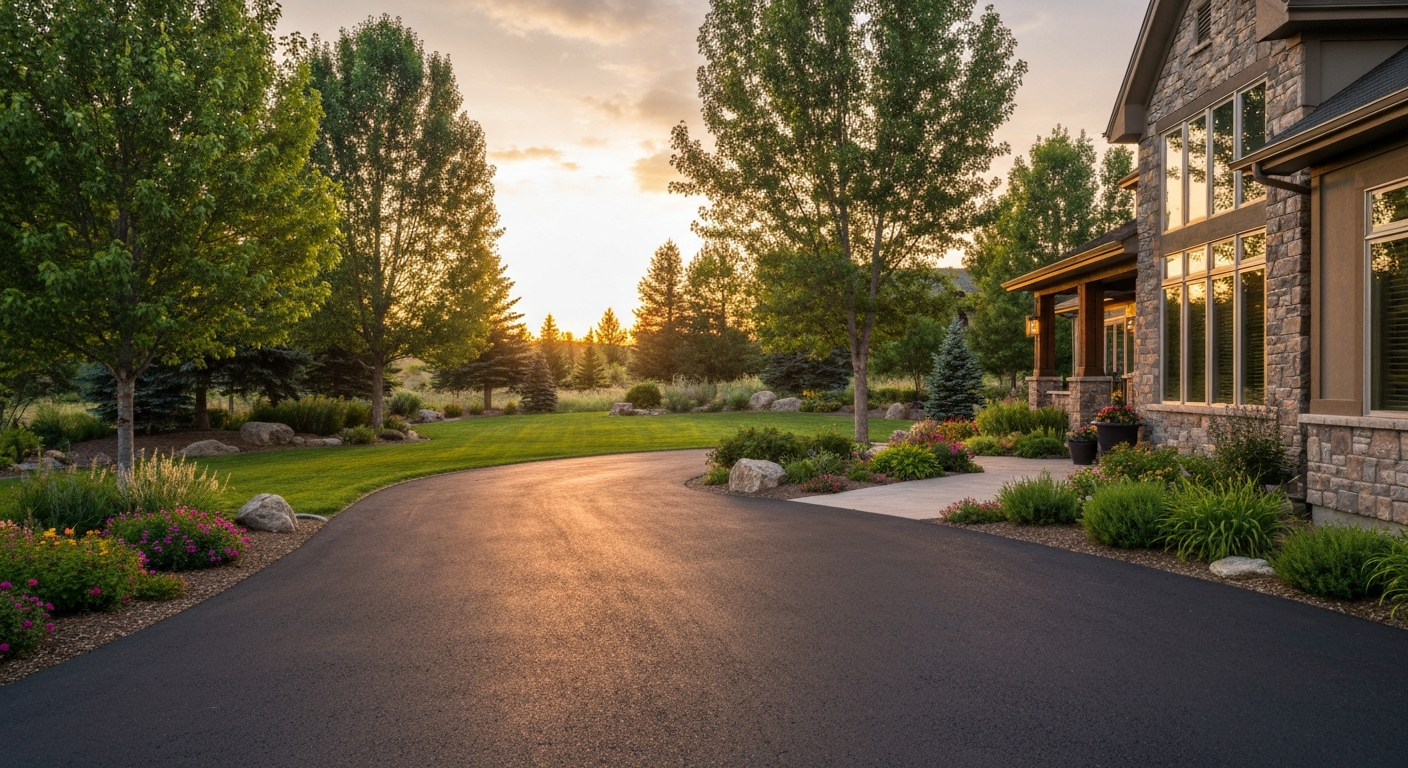 Montana backyard driveway at golden hour