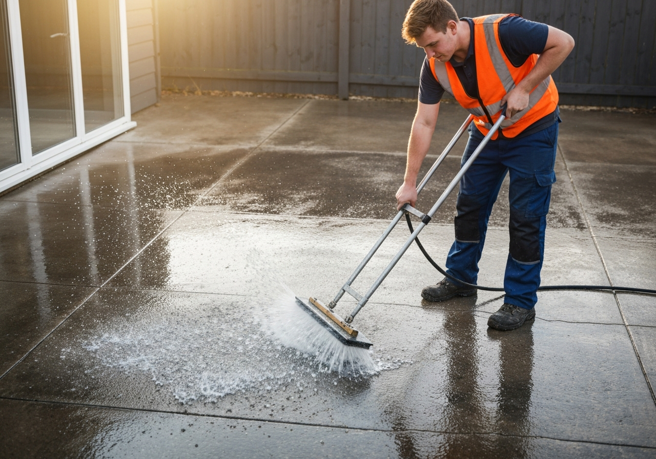 Technician using a surface-cleaner attachment on a patio, water and grime lifting off the slab
