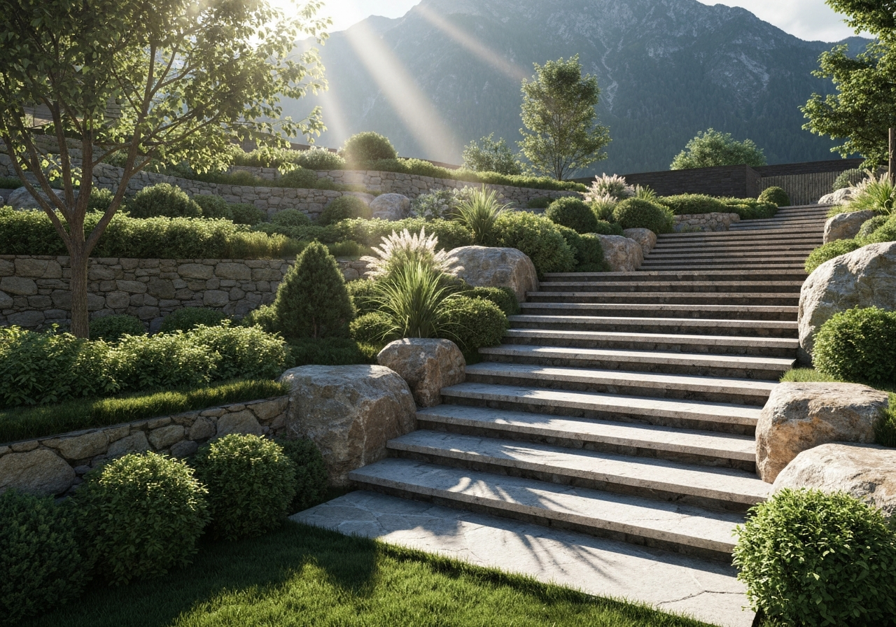 Terraced mountain yard with stone steps