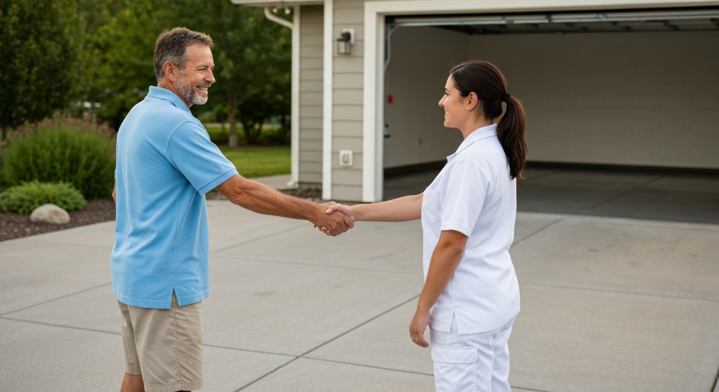 Homeowner and operator shaking hands on a clean residential driveway in front of a finished garage floor in Northwest Montana