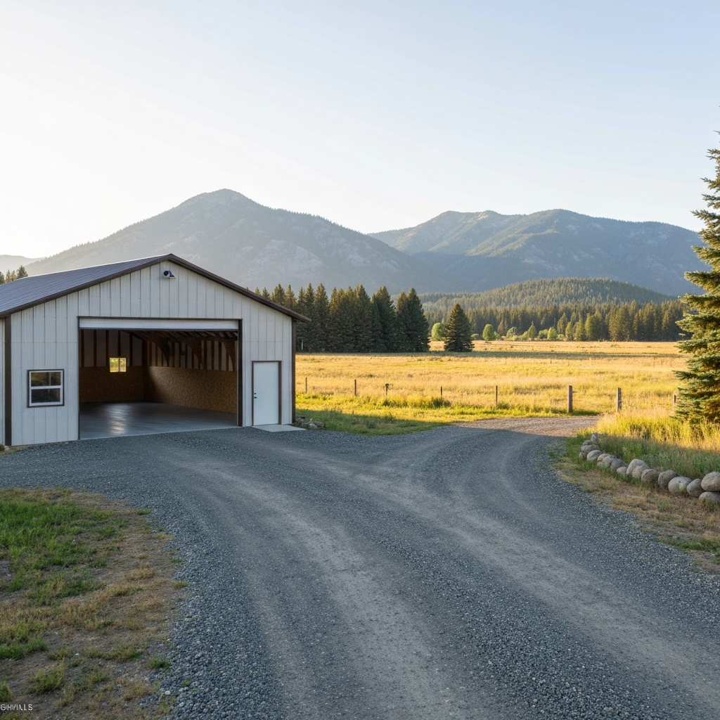 Montana rural west-valley property with a detached pole-barn style garage and gravel driveway in the foreground, freshly coated gray flake shop floor visible through the open door