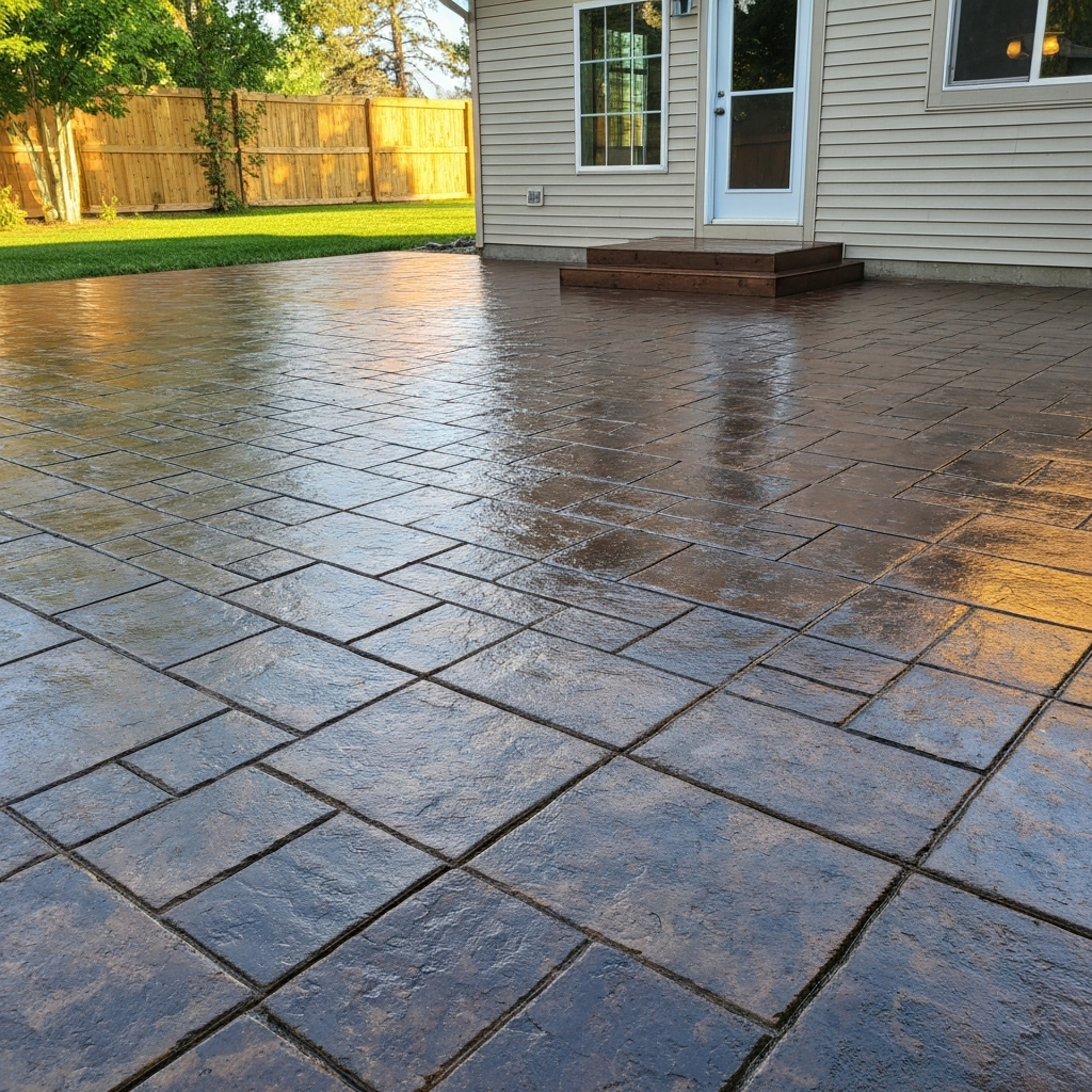 A concrete paver patio being sealed to a rich wet-look finish in a Montana backyard, clean joints, summer light
