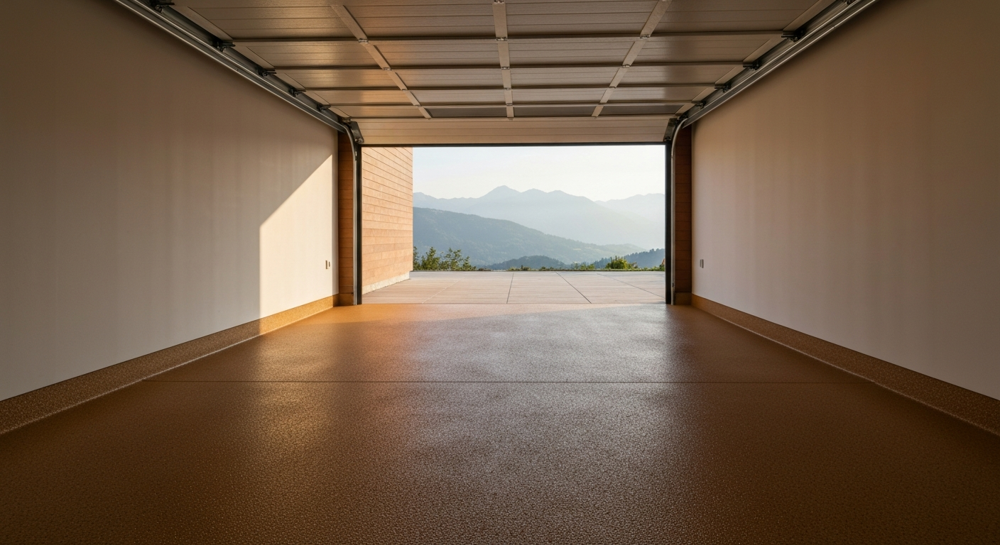Finished residential double garage with a warm tan/brown full-broadcast flake-coated floor