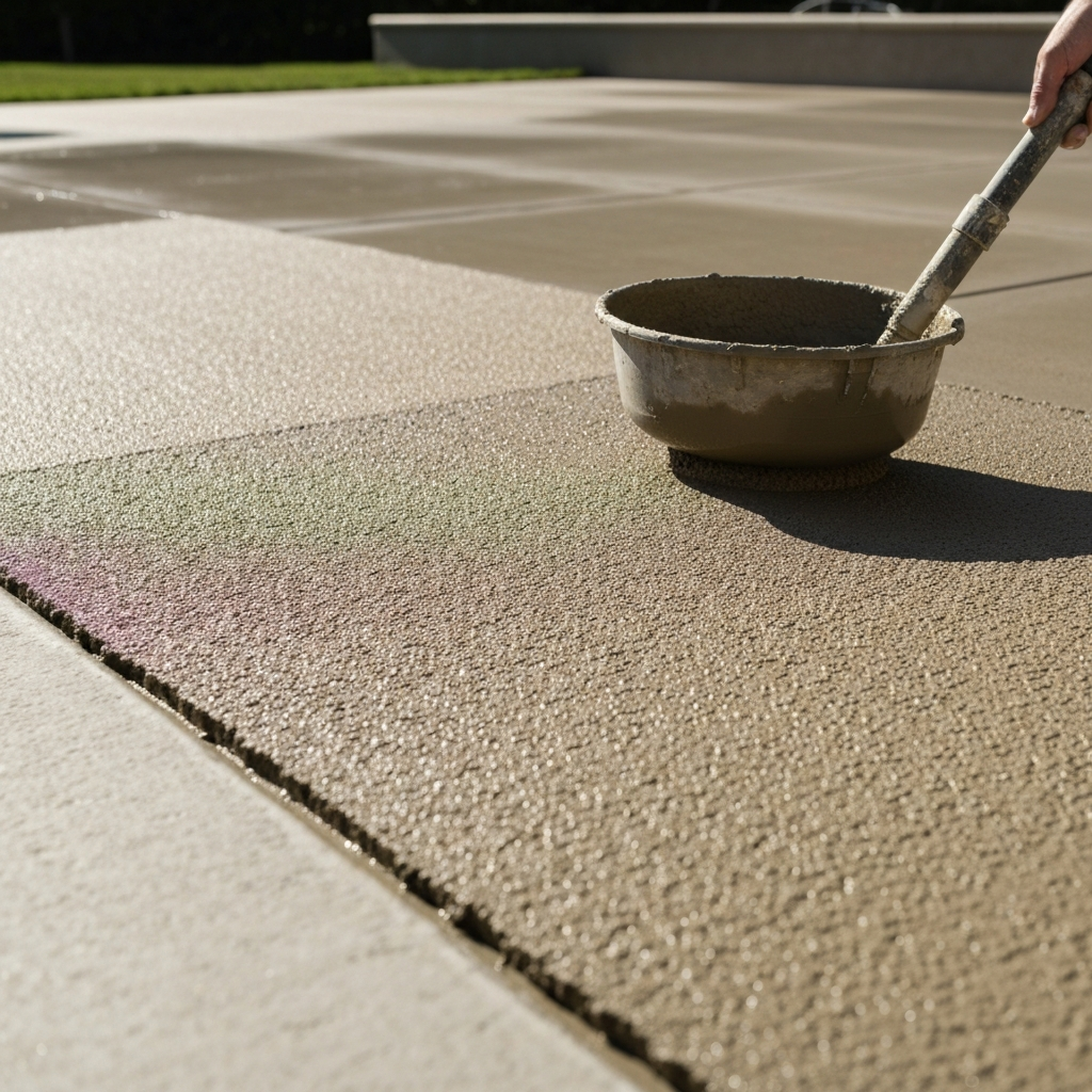 Texture broadcast being applied to a wet pigmented base coat on an outdoor concrete pool deck