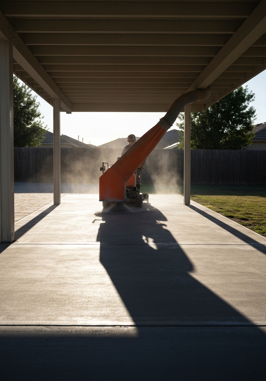 Surface grinder mechanically profiling a covered patio slab, dust shroud visible