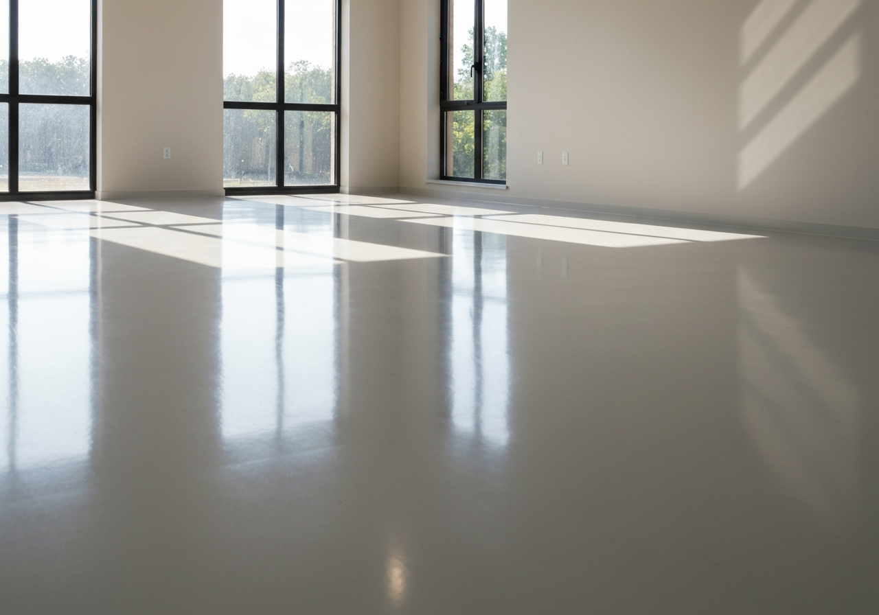 Sunlit interior with a pale-gray high-gloss coated floor and crisp light reflections