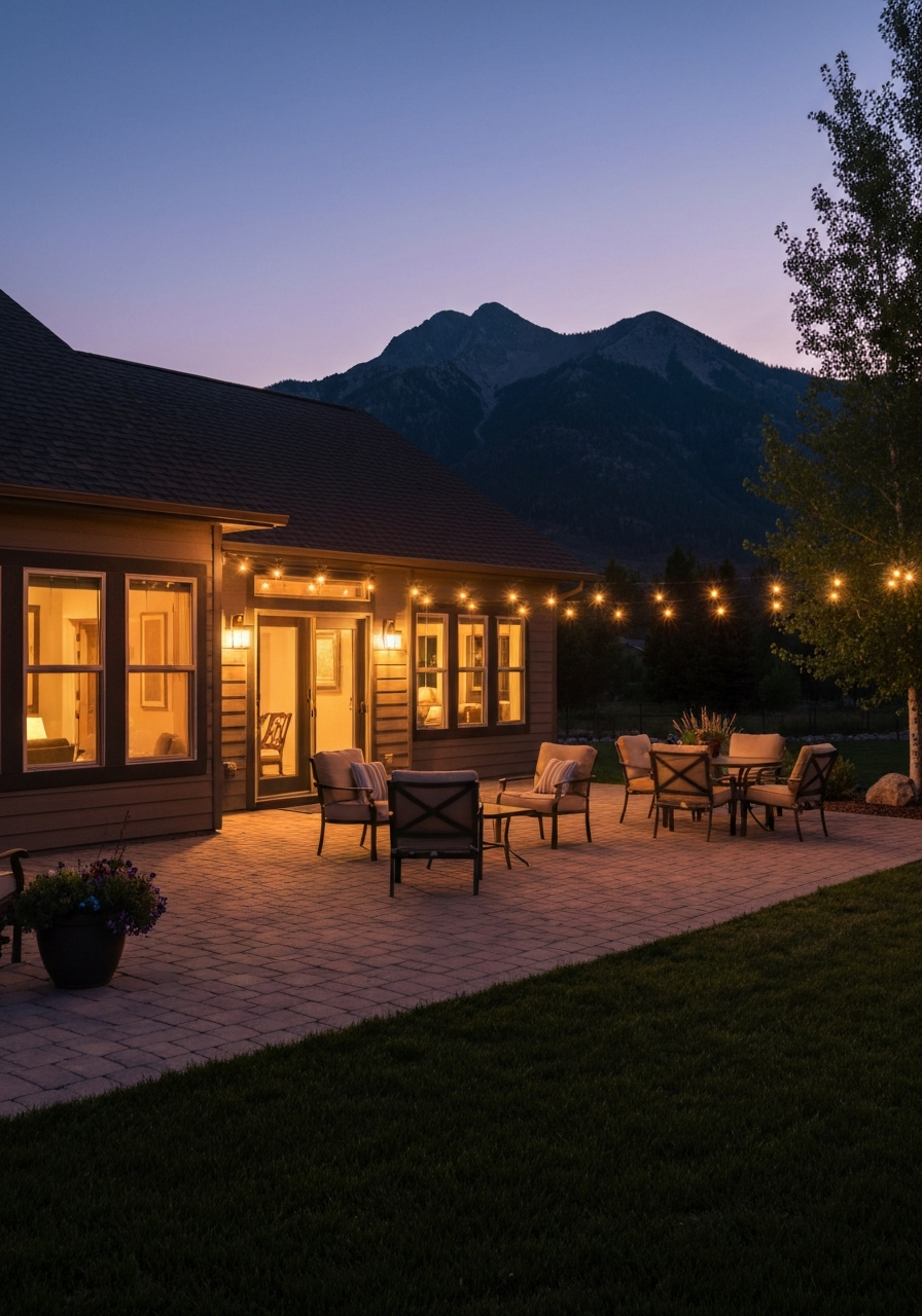 Peaceful Montana backyard at dusk with paver patio