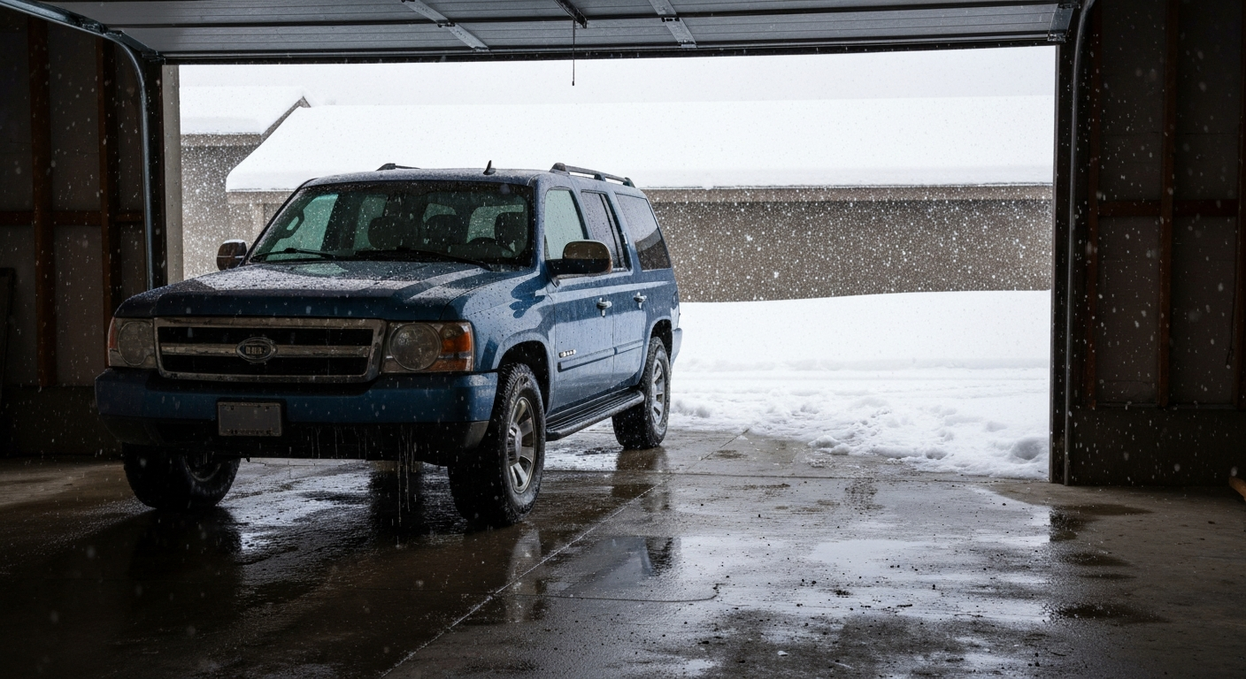 Open Montana garage in winter, slush dripping off a parked SUV onto bare concrete, snow falling outside