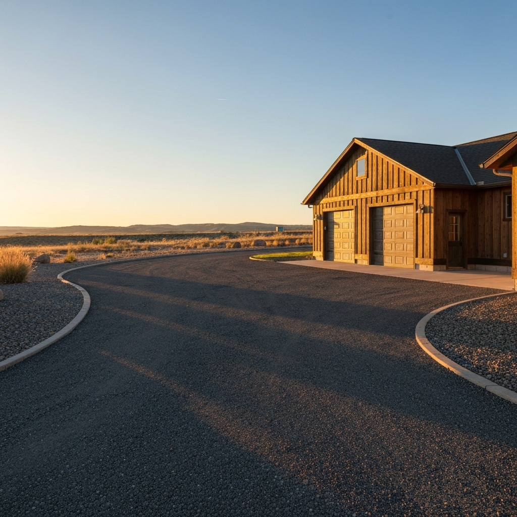 Clean Montana driveway and garage exterior at golden hour