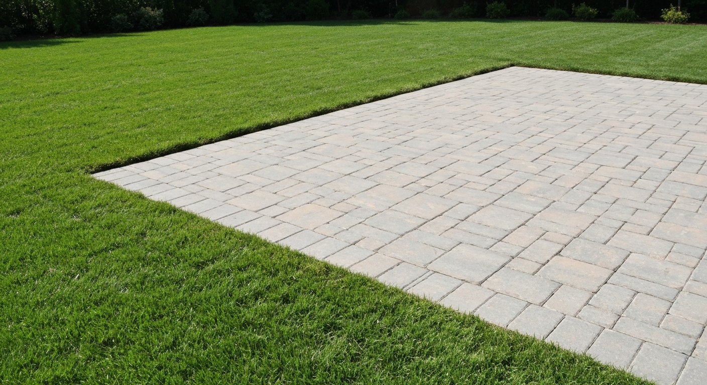 Finished paver patio with crisp edge restraint beside a green lawn