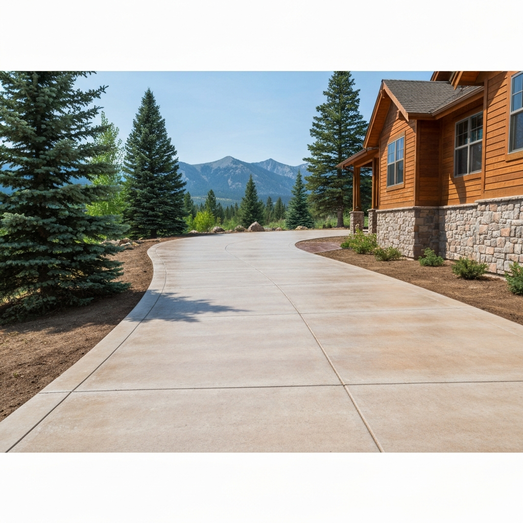Clean, evenly toned existing concrete driveway curving up to a Montana craftsman home, surface freshly washed and sealed