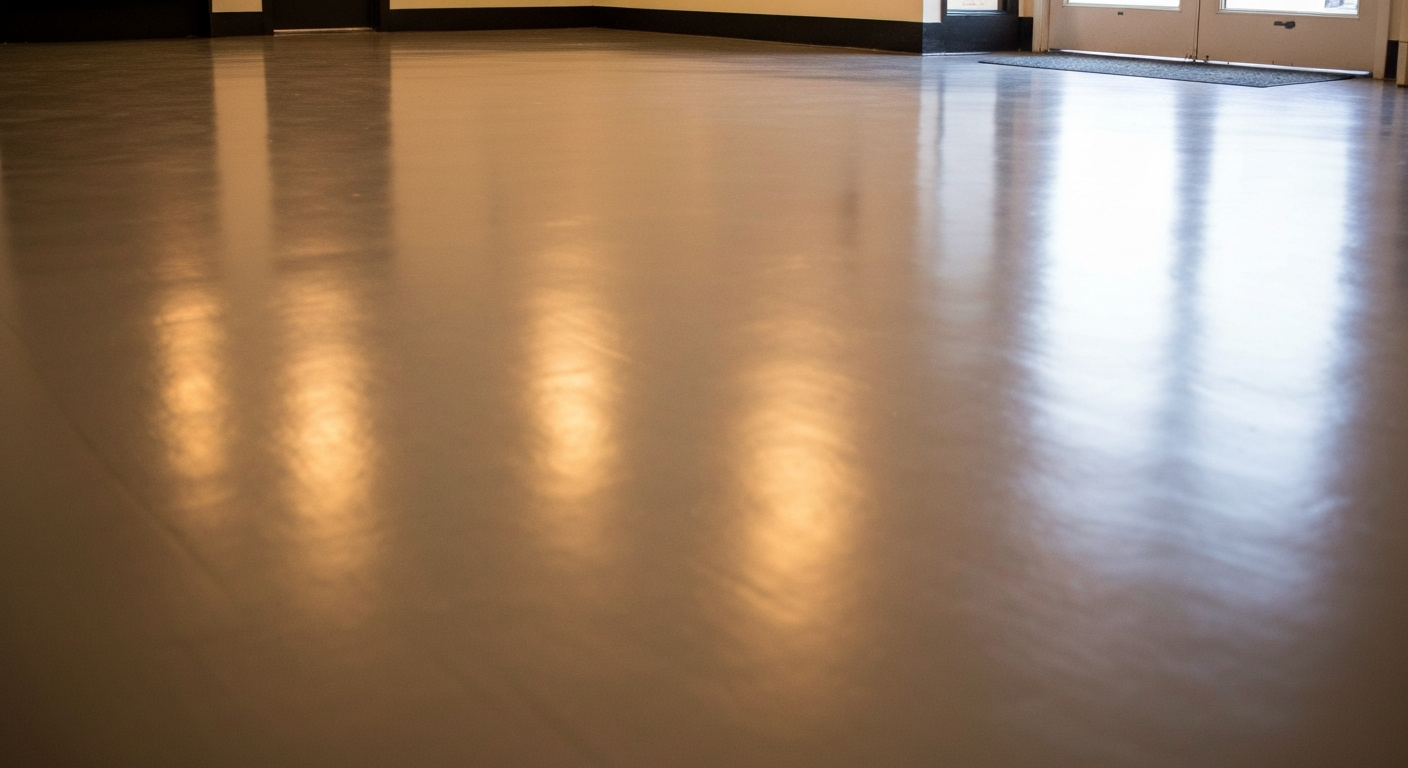 Small-town storefront interior floor in warm light