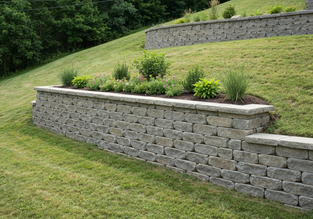 Hardscaped retaining wall with a planted bed above it on a sloped lot