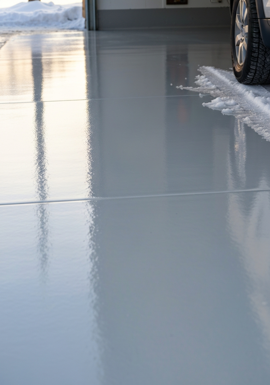 Close, glossy pale-gray polyaspartic garage floor reflecting light, a vehicle tire and melting snow at the edge