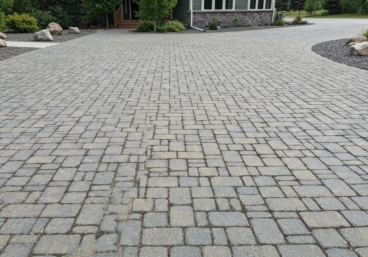 Faded paver driveway with joint sand washout and tire-path wear, Montana home