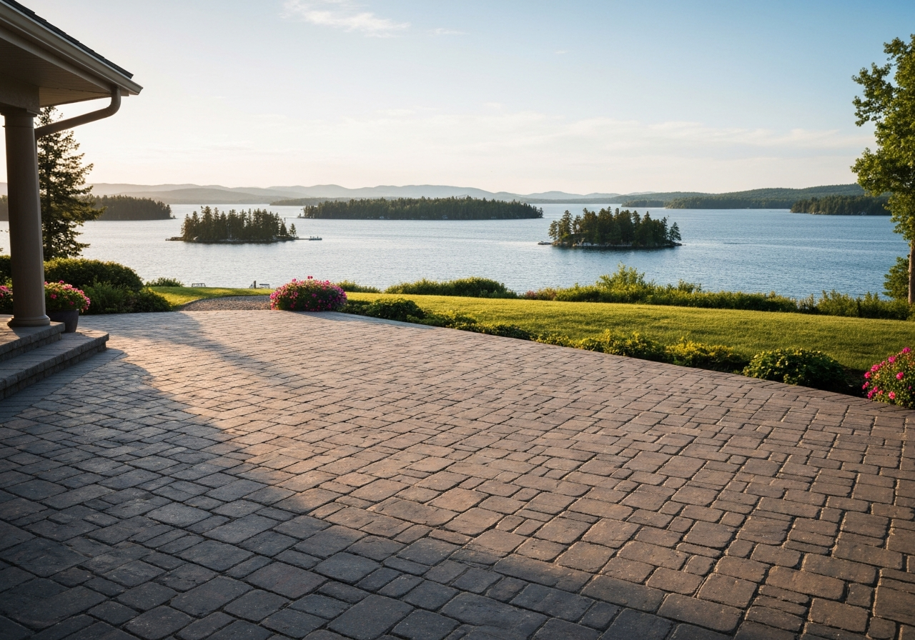 Sealed paver patio at a Lakeside west-shore lake home, afternoon light, lake view behind