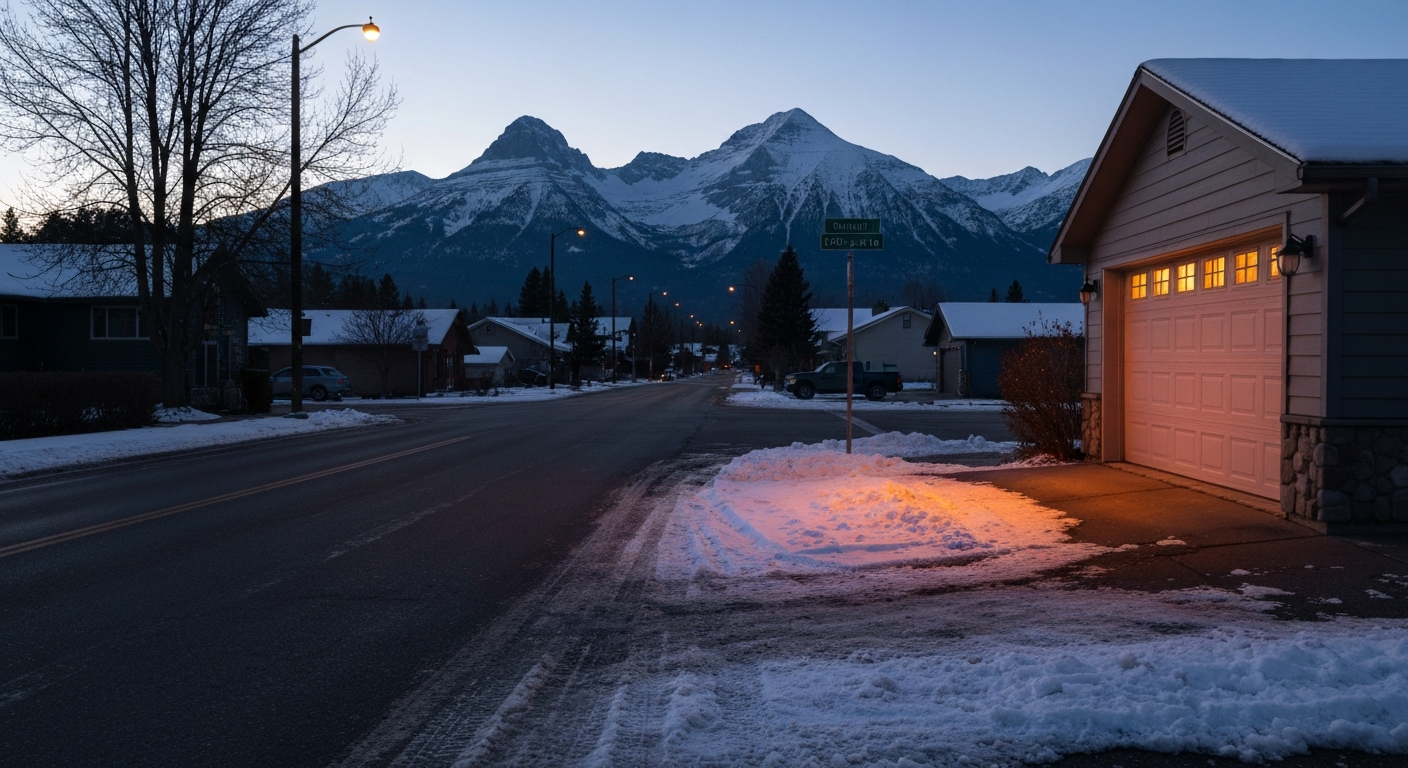 Evening on a Columbia Falls street, garage glowing warm over a fresh flake floor