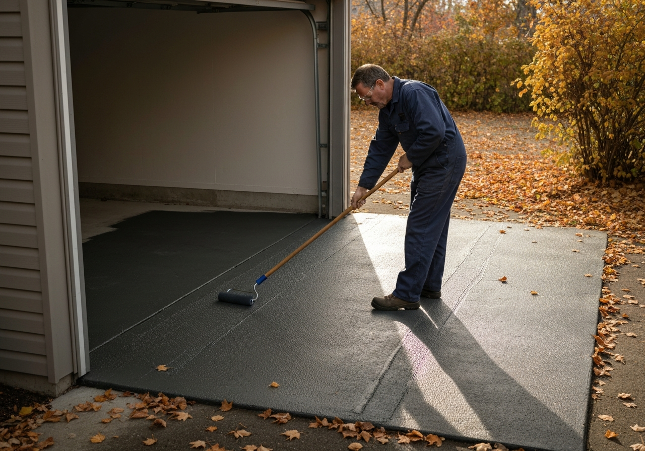 Technician applying penetrating sealer to garage apron in fall conditions