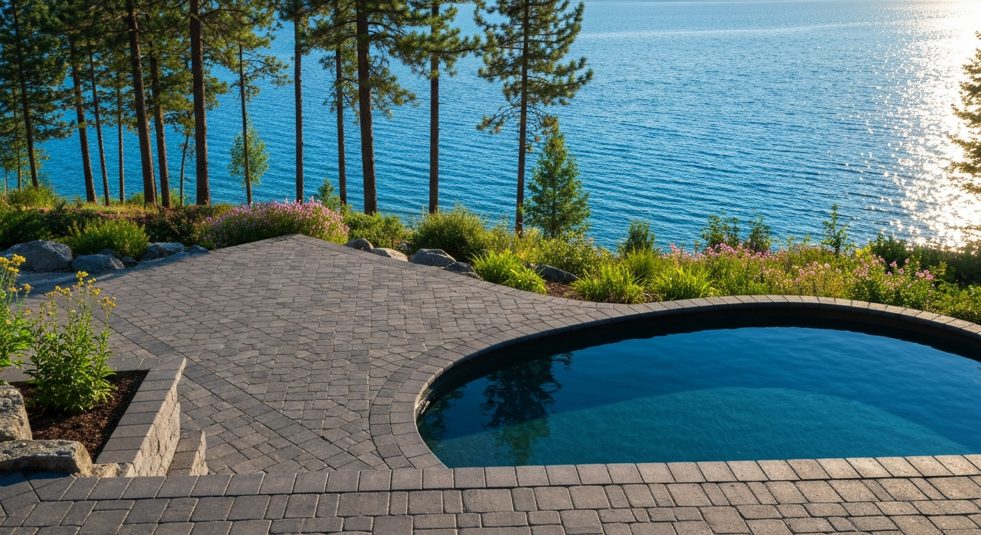 Sealed lakeshore paver pool deck near Flathead Lake
