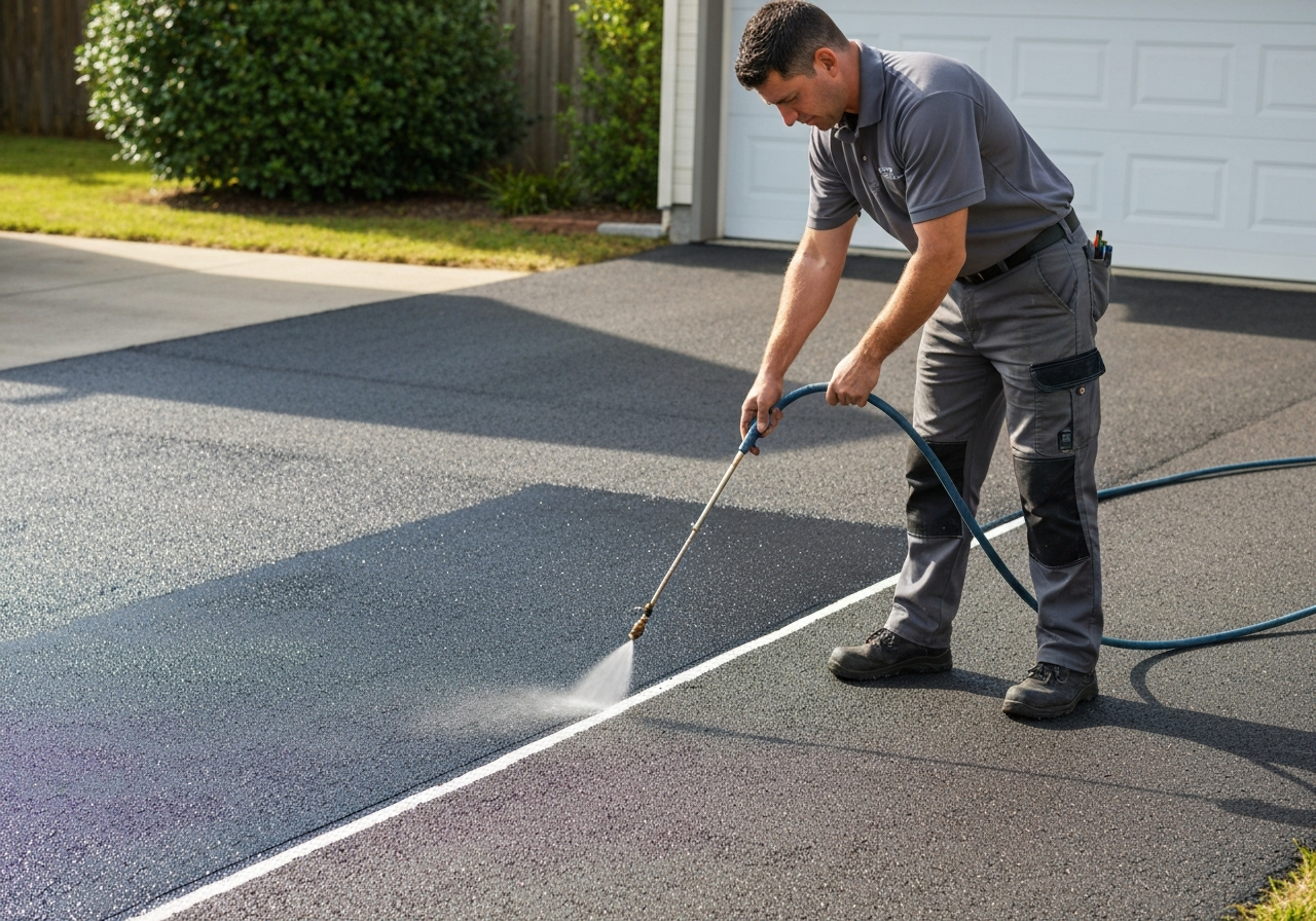 Technician applying penetrating sealer to a driveway