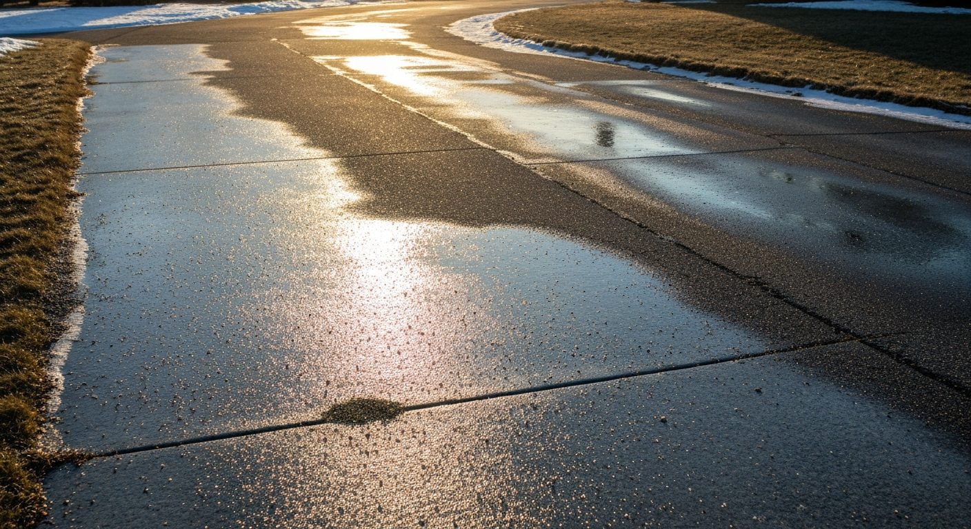 Sloped driveway with refrozen meltwater sheen and traction sand