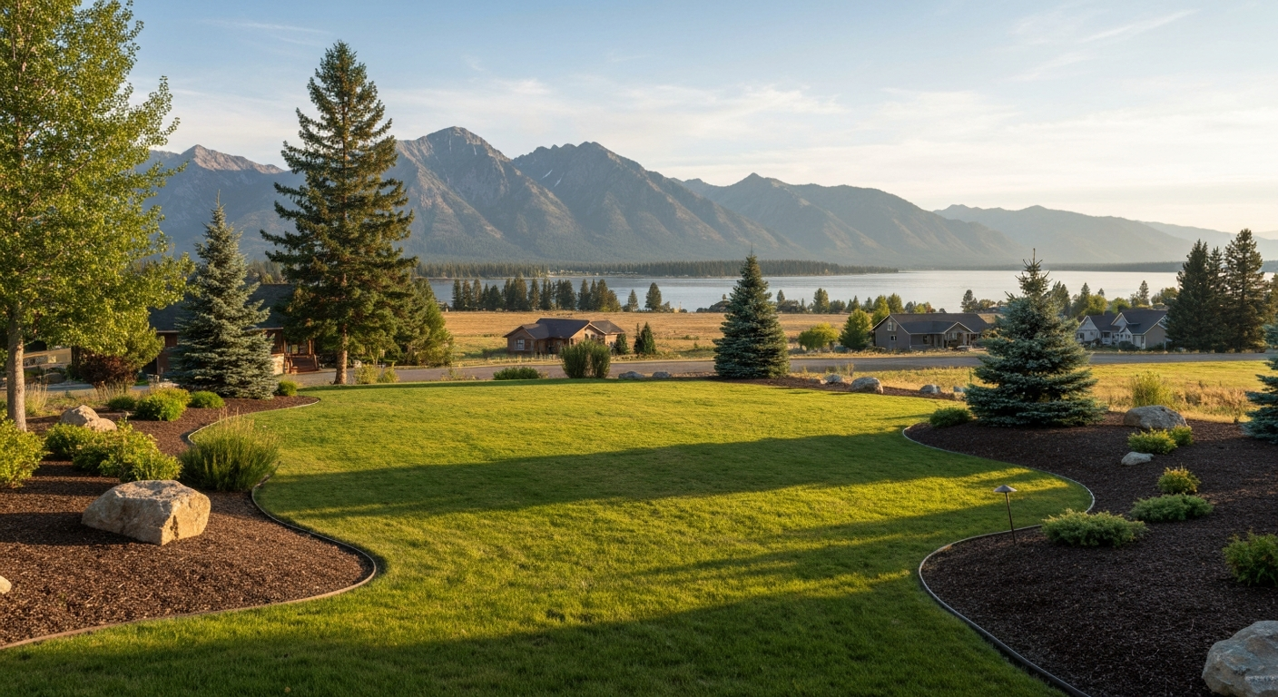Polson Mission Valley property — large lot, Flathead Lake visible in distance, Mission Range backdrop, well-structured landscape
