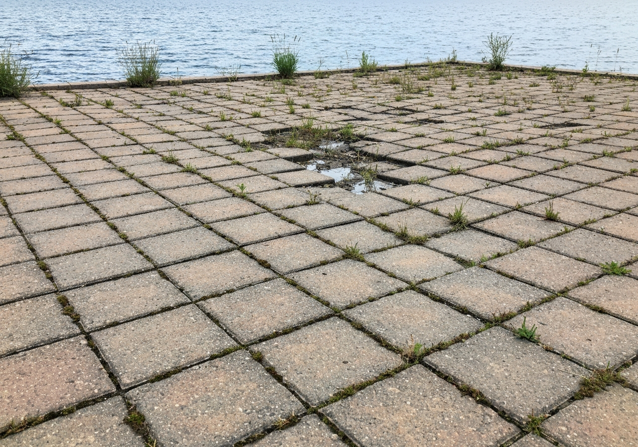 Lakefront paver patio showing UV fade, joint washout, and weed growth between pavers near south Flathead Lake